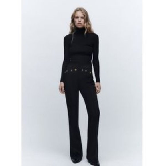 Nwt Zara Gold Metal Cresent Button black flared pant LRG MSRP $140 BLOGGERS FAV